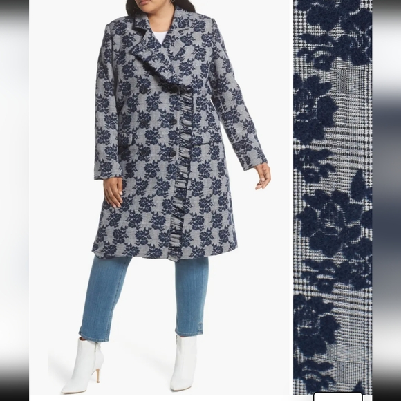 Halogen Blue Floral Plaid Print Ruffle Coat - Picture 7 of 11